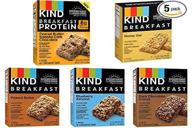 Kind Breakfast Bars New Variety 5 Pack. 1 Box of each: Dark Chocolate, Honey Oat, Peanut Butter, Almond Butter. Total of 40 Bars