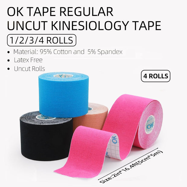 OK TAPE Kinesiology Tape, Regular Original Cotton Elastic Athletic Tape for Support and Recovery, Sports Tape, 2in×16.4ft Uncut Roll - Pink