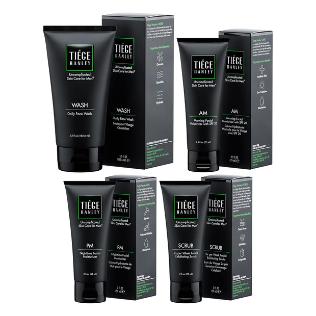 Tiege Hanley 90-Day Large Essential Skin Care Routine for Men (Level 1) - Smooth, hydrate, and protect your skin - Men's Skincare Set Includes Face Wash, Facial Scrub, & AM / PM Moisturizer's