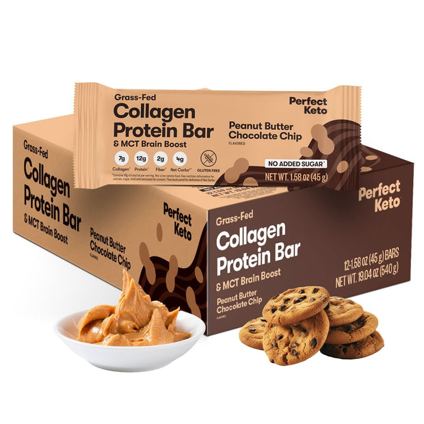 Perfect Collagen Protein Bars, Gluten Free Grass Fed Collagen + MCT Oil, Low Carb, No Sugar Added, High Protein Snacks, Keto Diet Foods, 11g Protein, 18g Fat, 3g Net Carbs, Chocolate Chip, 12 Bars