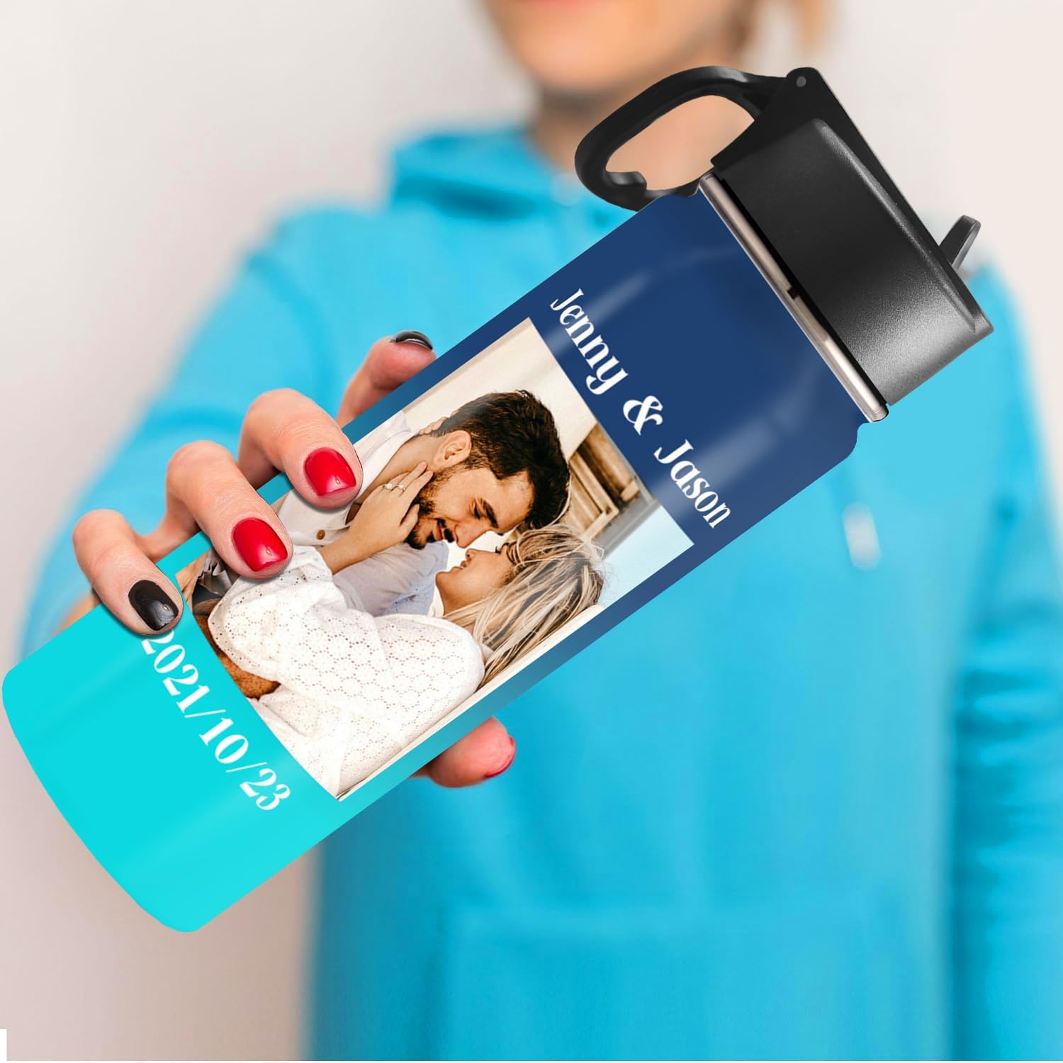 Custom Water Bottle with Photo, 18/32 oz Personalized Picture Stainless Steel Sports Water Bottle for Kids Men Women, Customize Double Wall Vacuum Insulated Bottle Birthday Gifts Water Bottle