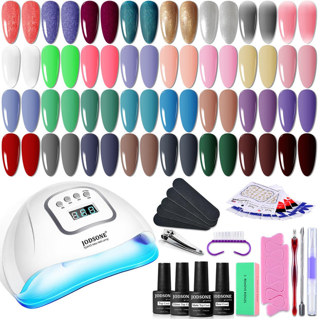 JODSONE Gel Nail Polish Kit with U V Light 32 Colors Gel Polish Nail + 4 Functional Adhesive Bottles Kit Soak Off Manicure Tools Gifts for Women