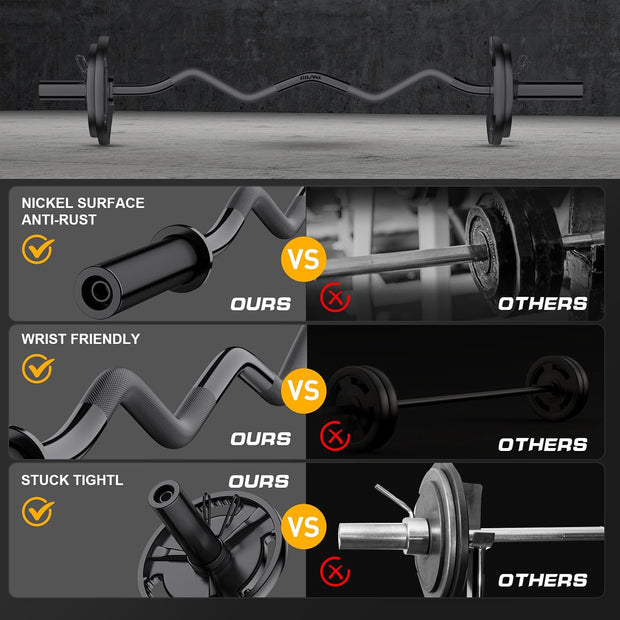 Olympic EZ Curl Barbell Bar, 47" Curl Bar for Weight Lifting, Home Gym Weight Bar- Strength Training,Squat,Hip Thrusts,Biceps, Chrome Curling for 2 Inch Plates -2 Spring Collars (Silver)