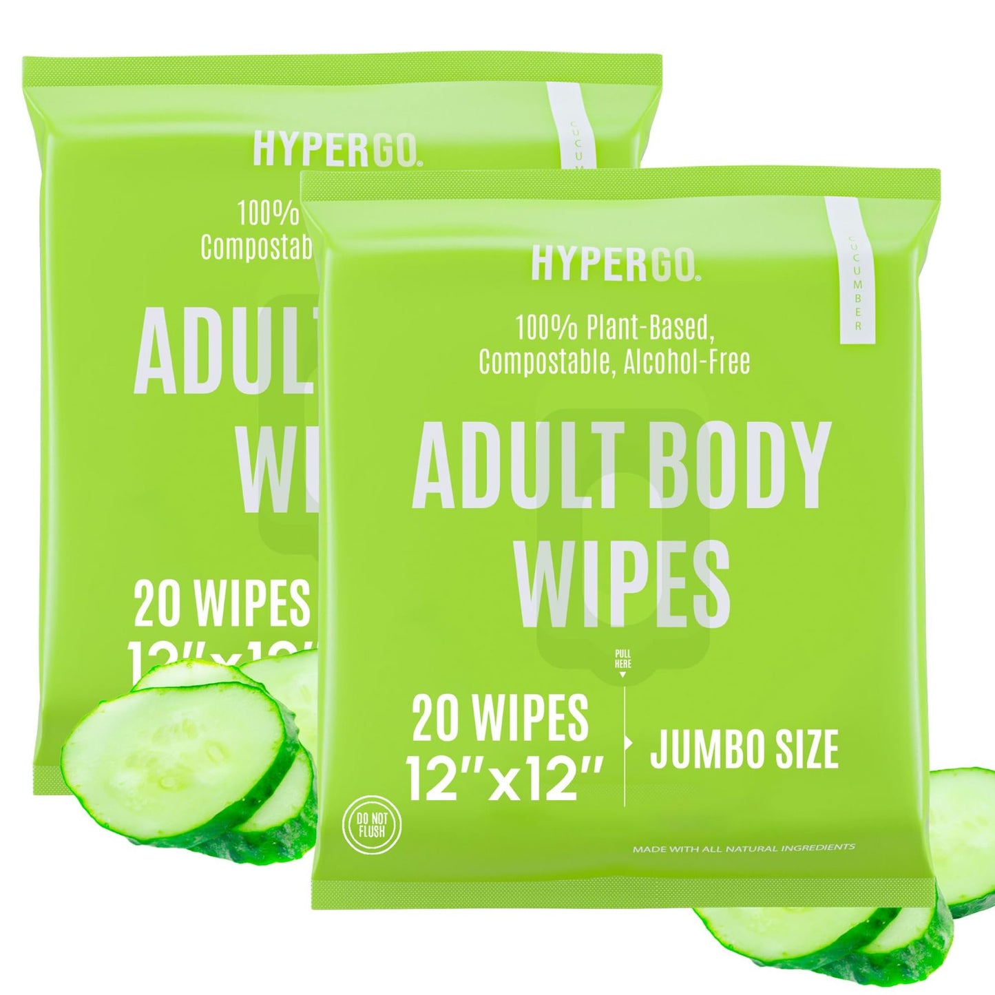 HyperGo XL Body Wipes for Women & Men – 12" x12" Rinse-Free Full Body Cleansing Wipes 20 Count Pack - Mint | Biodegradable, Hypoallergenic, Aloe-Infused | Gym, Festival, Camping Essentials