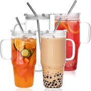 Large Glass Tumbler with Lid and Straw, 4 Pack Glass Cup with Handle, 33oz Iced Coffee Cups, Thick Drinking Glasses Set, Clear Travel Mug for Hot and Cold Beverage, Drinks, Tea, Smoothie