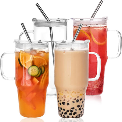 Large Glass Tumbler with Lid and Straw, 4 Pack Glass Cup with Handle, 33oz Iced Coffee Cups, Thick Drinking Glasses Set, Clear Travel Mug for Hot and Cold Beverage, Drinks, Tea, Smoothie