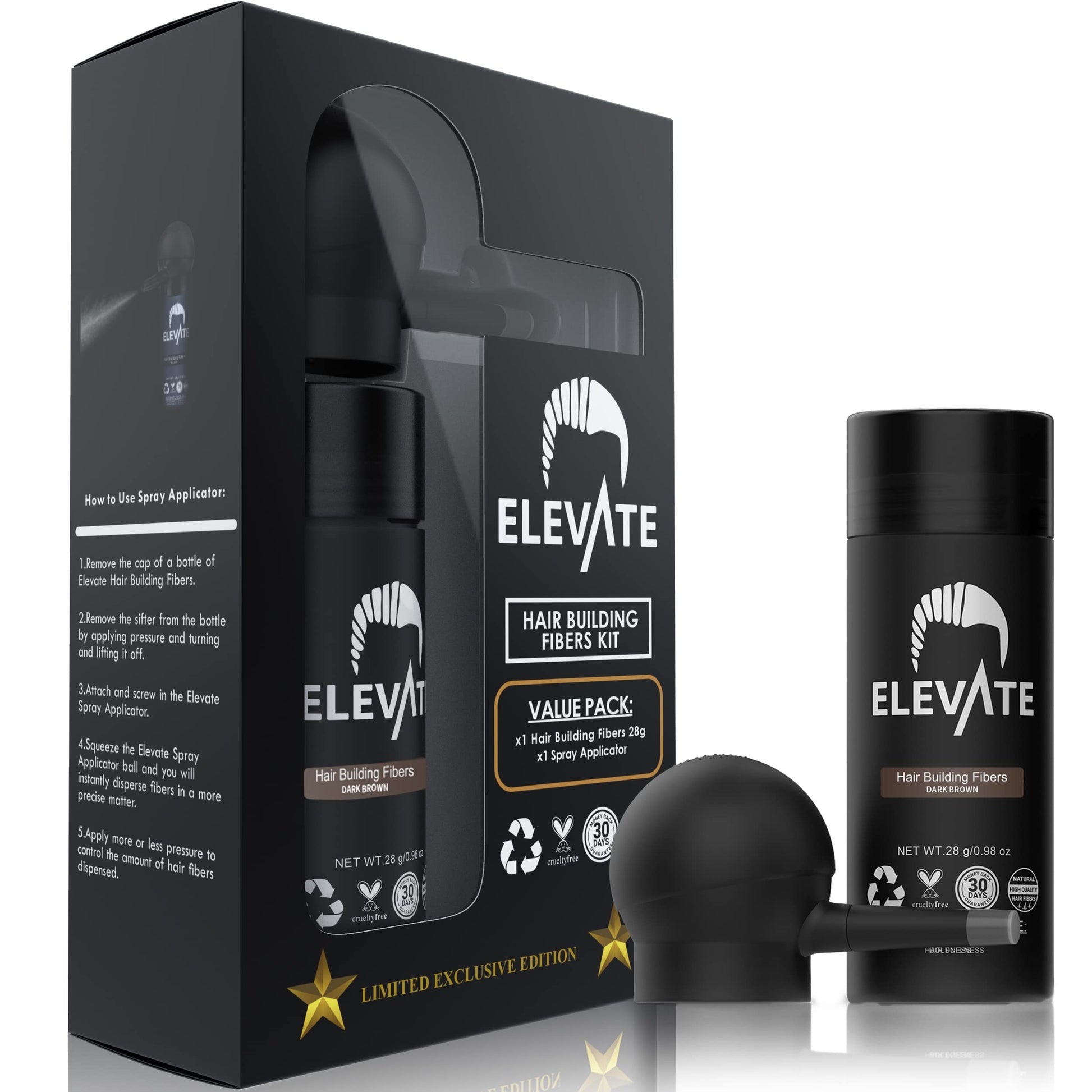 ELEVATE Hair Perfecting 2-in-1 Kit | Set Includes Natural Hair Thickening Fibers & Spray Applicator Pump Nozzle | Instantly Conceal & Thicken Thinning Balding Areas in Seconds Men & Women (Black)