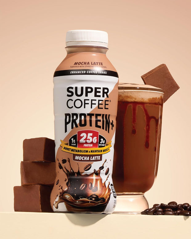 SUPER COFFEE Protein+, Keto Protein Coffee (0g Added Sugar, 25g Protein, 150 Calories) [Mocha] 12 Fl Oz, 12 Pack | Iced Smart Coffee Drinks