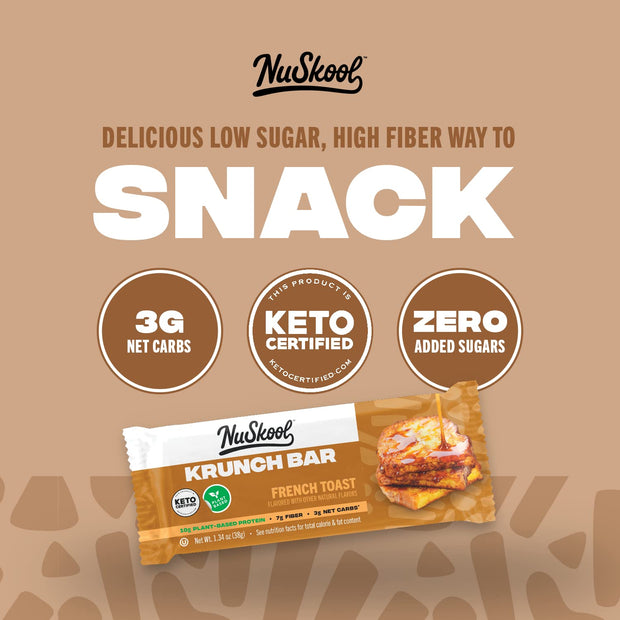 NuSkool Snacks French Toast Keto Friendly Protein Krunch Bars (12 Pack) - 7g Fiber, 10g Clean Plant-Based Protein, 3g Net Carbs - Gluten-Free, Non-GMO, Vegan, Low Carb Keto Healthy Breakfast Snack