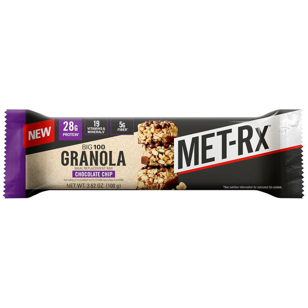 MET-Rx Big 100 Granola Protein Bar, Meal Replacement Bar, 28 G Protein, Chocolate Chip, Pack of 9