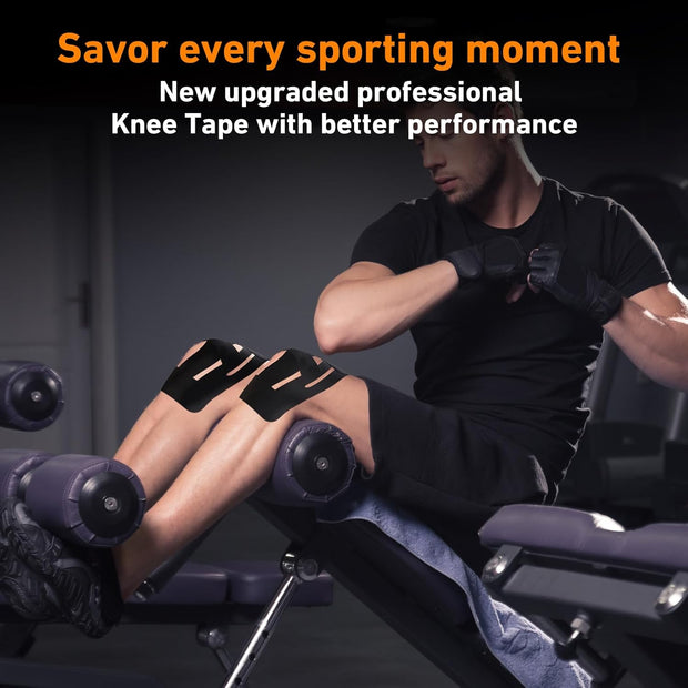 PreCut Kinesiology Tape for Knees, 12PCS Upgraded Waterproof KTQUICK Knee Tape for Knee Pain Relief Pre Cut, Original Cotton Athletic Knee Tape, Waterproof&Hypoallergenic Latex-Free for Sports (Black)