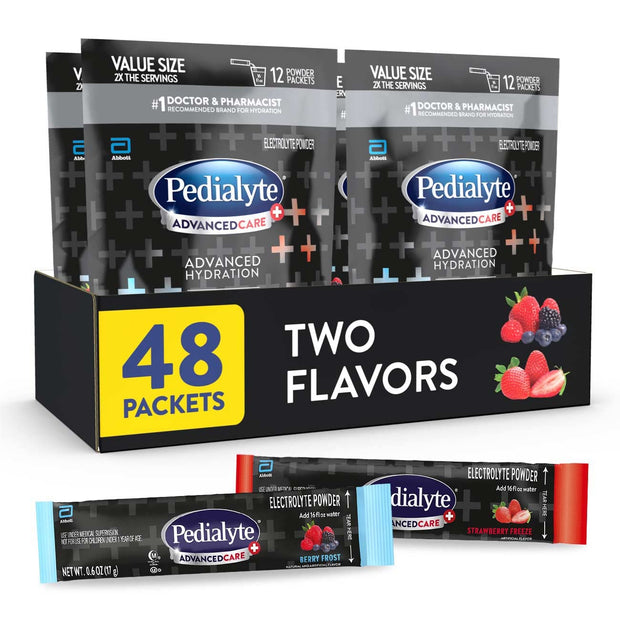 Pedialyte AdvancedCare Plus Electrolyte Powder, Has 33% More Electrolytes and PreActiv Prebiotics, Berry Frost, 18 Powder Packets