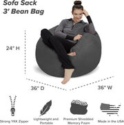 Sofa Sack Bean Bag Chair - Plush, Ultra Soft - Memory Foam Bean Bag Chair with Microsuede Cover - Stuffed Foam Filled Furniture and Accessories for Dorm Room 3 Feet - Charcoal