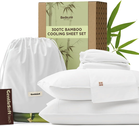 Bedsure Cooling Sheets, Rayon Derived from Bamboo & Cotton Blend, GentleSoft, Breathable, King Size Sheets Set, Deep Pocket Up to 18 Inches, Hotel Luxury Bedding for Hot Sleepers, White