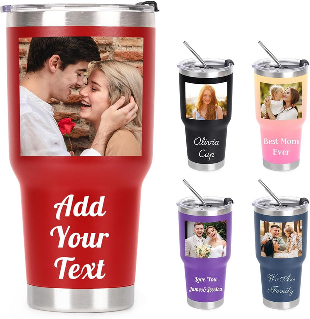 Personalized Tumbler with Picture Text Name Logo, 30oz Stainless Steel Custom Coffee Mug cup with Lid Straw, Anniversary Wedding Christmas Birthday Gifts for Women Men Kid