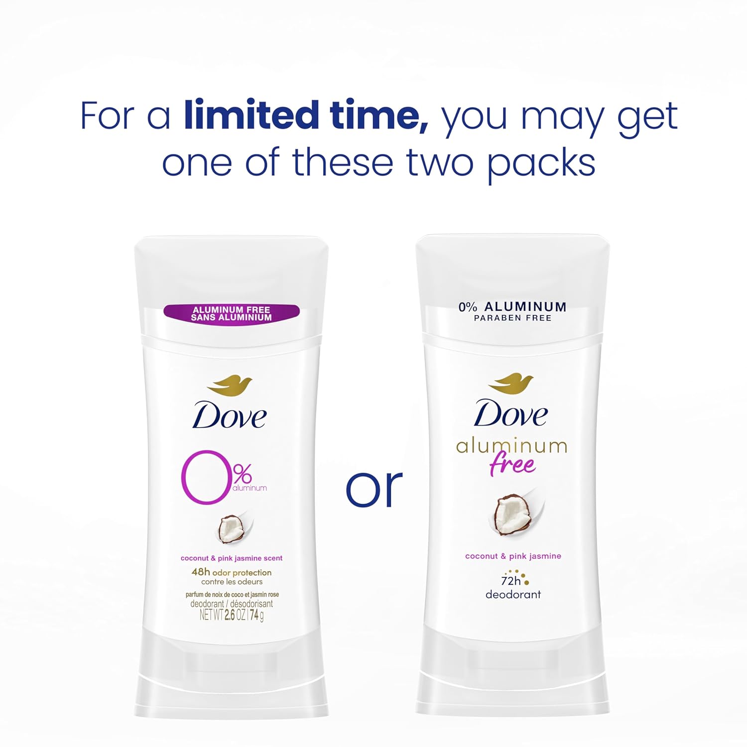 Dove Aluminum Free Deodorant for Women 3 Count Coconut and Pink Jasmine 72 hour odor protection 2.6 oz
