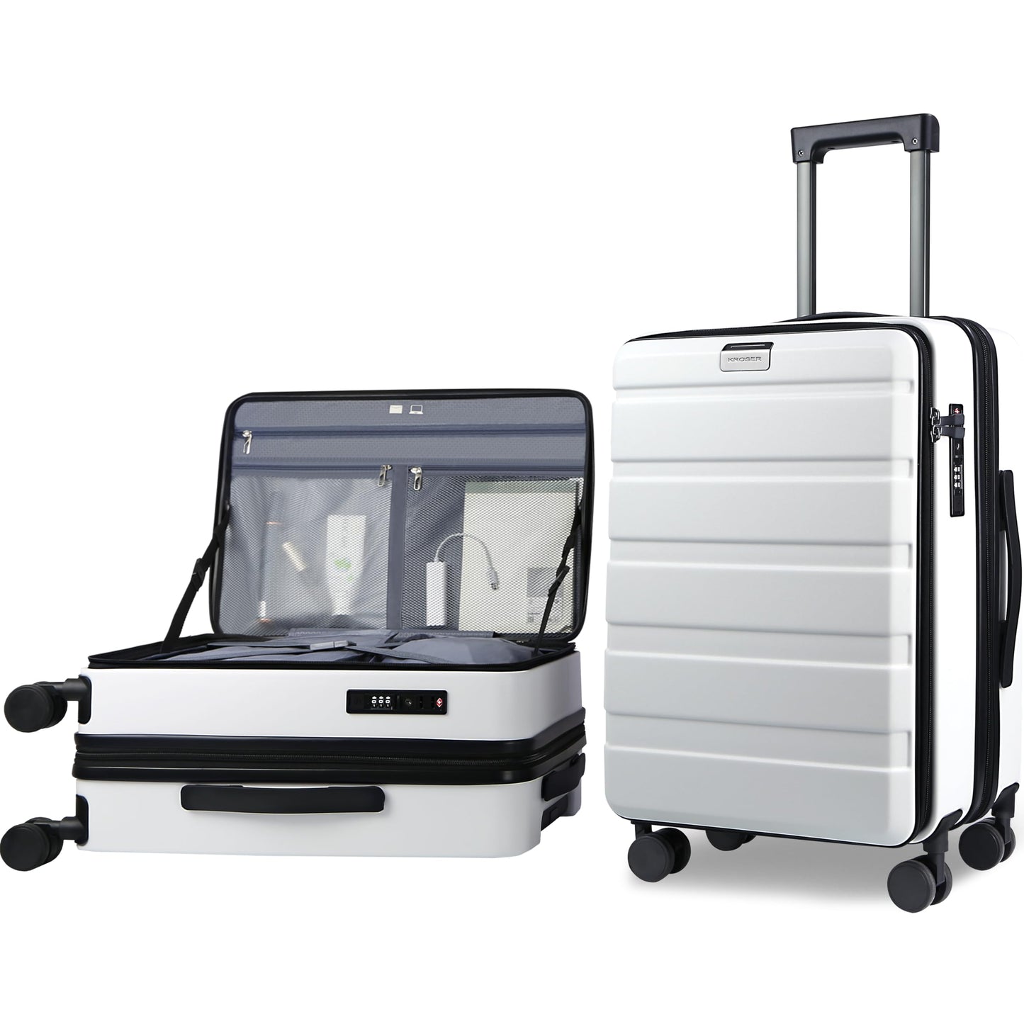 KROSER Carry On Luggage with Spinner Wheels & Built-in TSA Lock, Expandable Top Loading Hard Shell Suitcase Large Capacity Durable Rolling Luggage with USB Port, Carry-On 20-Inch, Dark Green
