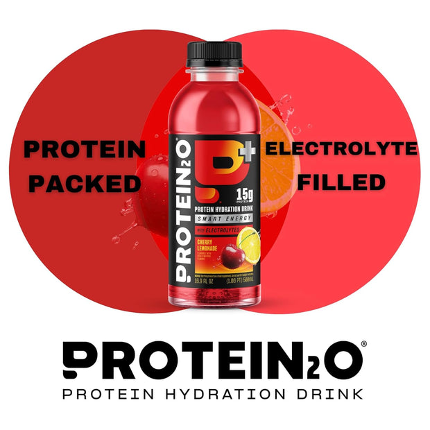 Protein2o 15g Whey Protein Isolate Hydration Drink Plus Energy & Focus, 350mg of Electrolytes, 125mg of Caffeine, Sugar Free, Cherry Lemonade, 16.9 oz Bottle (Pack of 12)