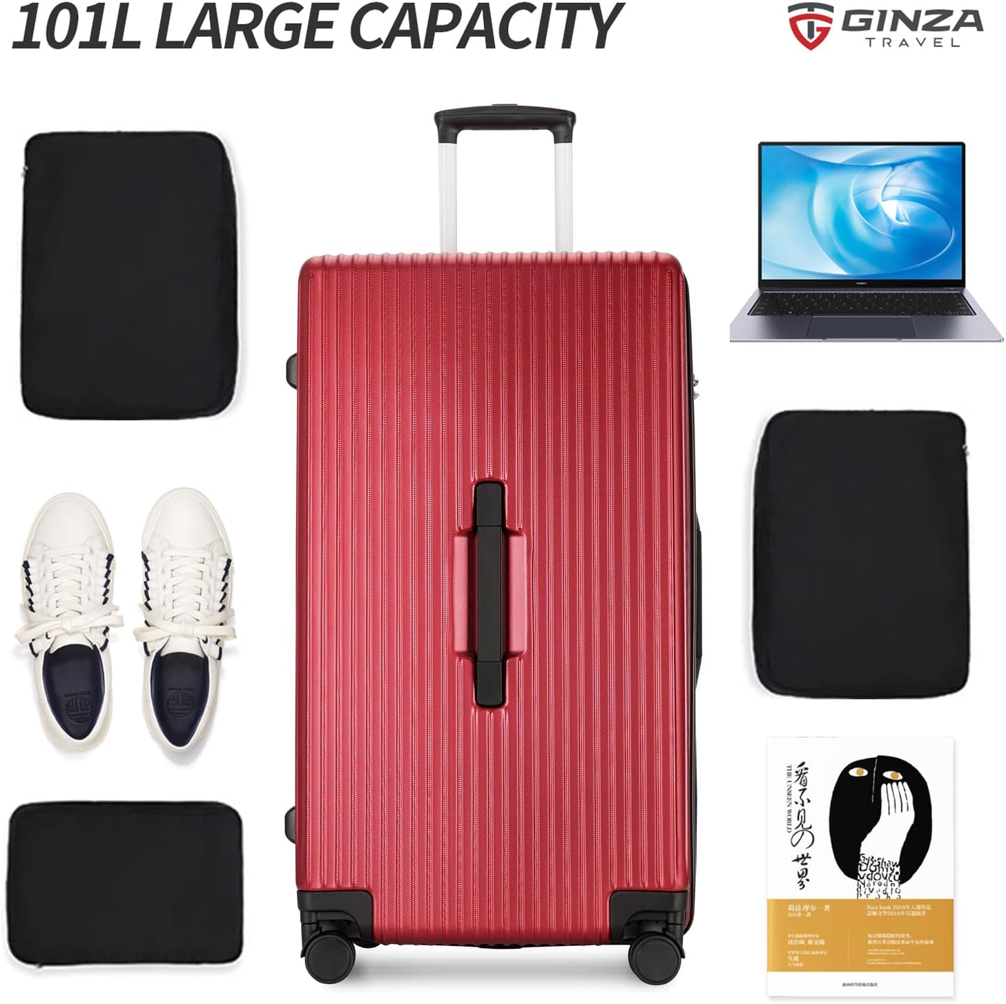 GinzaTravel Trunk Luggage, 28 Inch Luggage with Spinner Wheels, Scratch resistant texture Lightweight PC material with TSA Lock (Wine Red)