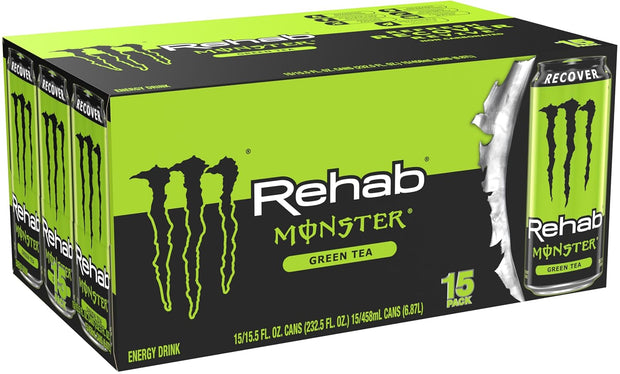 Monster Energy Rehab Green Tea + Energy, Energy Iced Tea, Energy Drink 15.5 Ounce (Pack of 15)