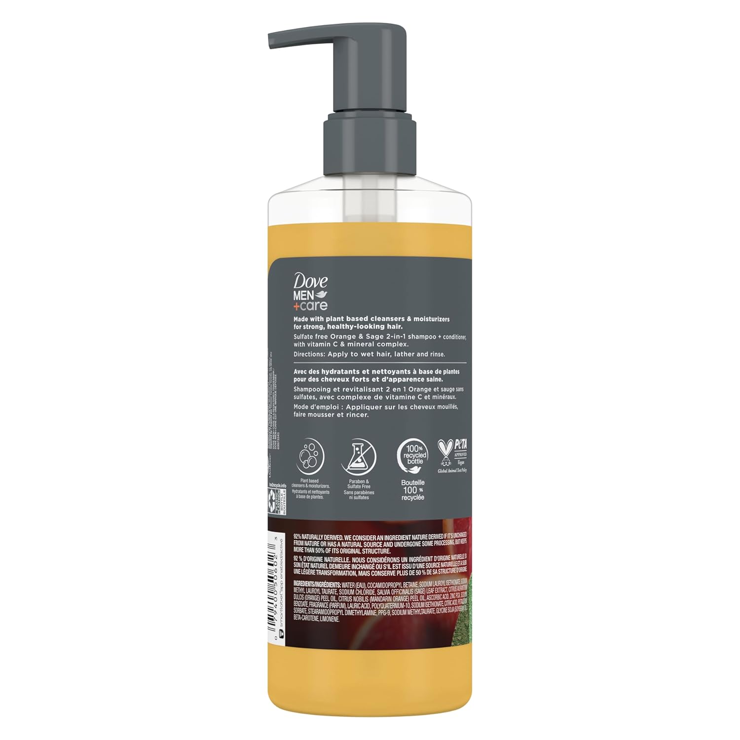 DOVE MEN + CARE 2-in-1 Shampoo + Conditioner Pure Fresh Orange & Sage for Strong, Healthy-Looking Hair, with Vitamin C & Mineral Complex, 17.5 oz