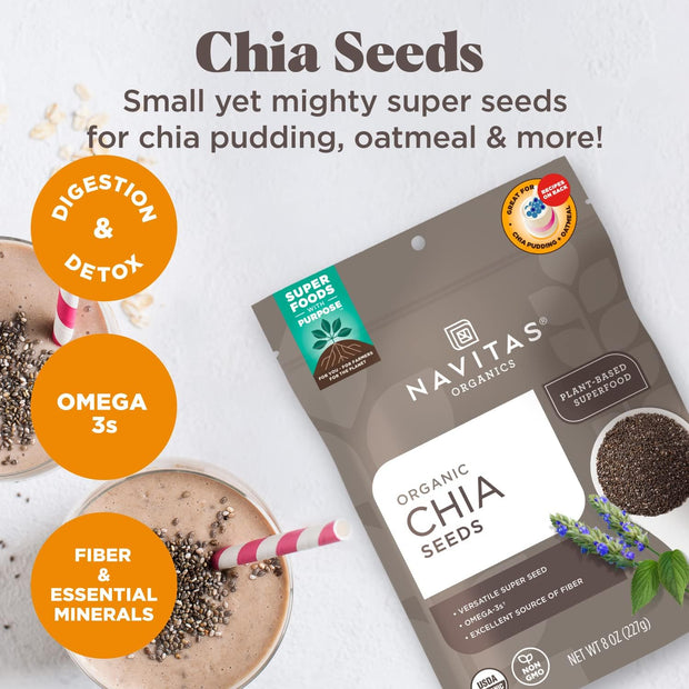 Navitas Organics Chia Seeds – For Chia Pudding, Smoothies, Baking, Salads & More – Omega 3, Fiber, Minerals - USDA Organic, Non GMO, Kosher, Gluten Free, Keto (16oz. Bag, 15 Servings)