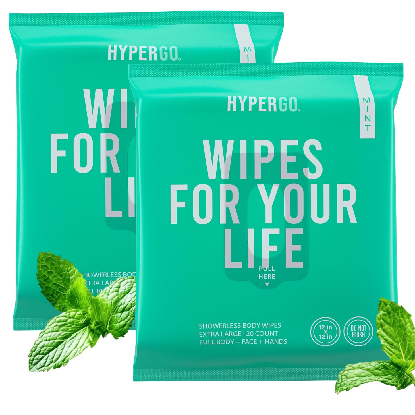 HyperGo XL Body Wipes for Women & Men – 12" x12" Rinse-Free Full Body Cleansing Wipes 20 Count Pack - Mint | Biodegradable, Hypoallergenic, Aloe-Infused | Gym, Festival, Camping Essentials