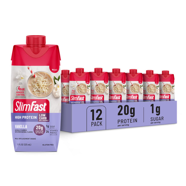 SlimFast Protein Shake with Caffeine, Caramel Macchiato- 20g Protein, Meal Replacement Shakes, High Protein with Low Carb and Low Sugar, 24 Vitamins and Minerals, 12 Count (Pack of 1)