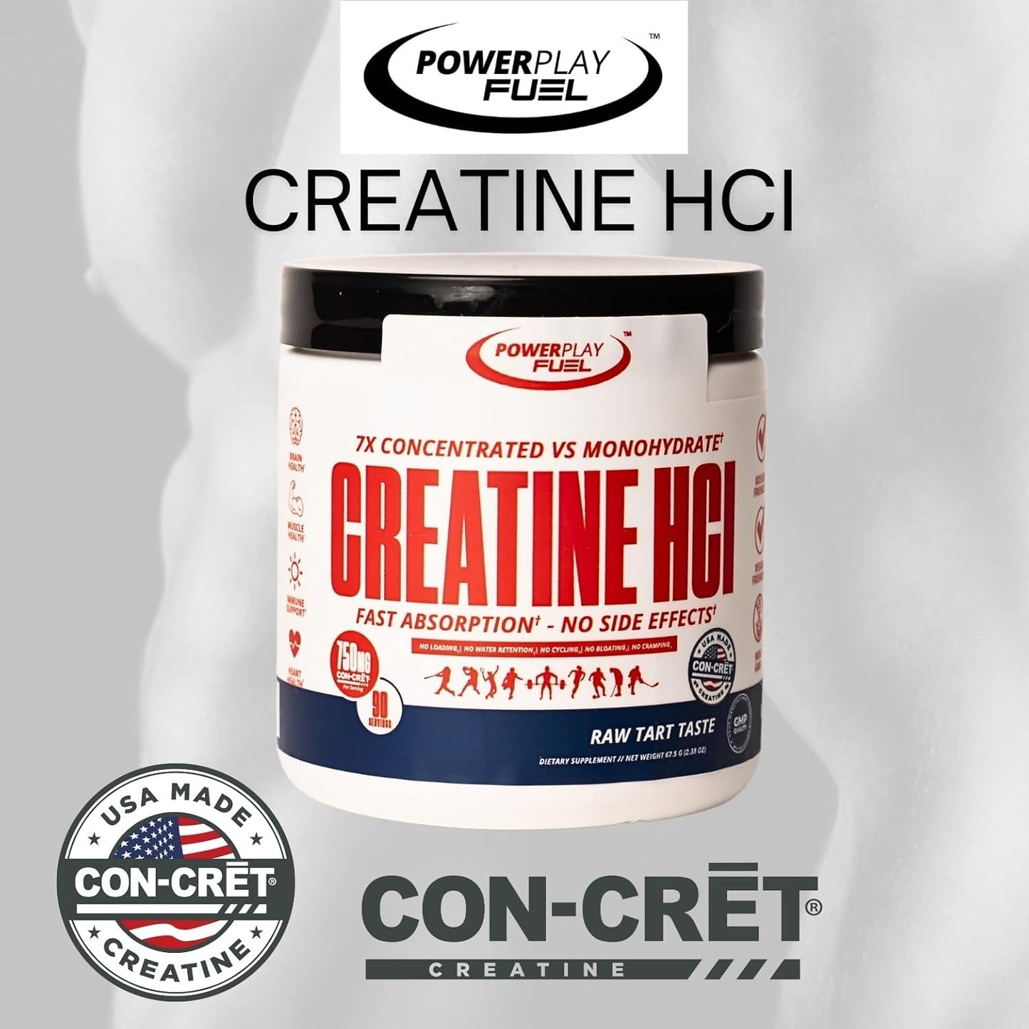 CREATINE HCl Powder for Men and Women, Muscle Strength, Brain Performance, Heart Health & Immune Support - Raw Tart Taste, 90 Servings