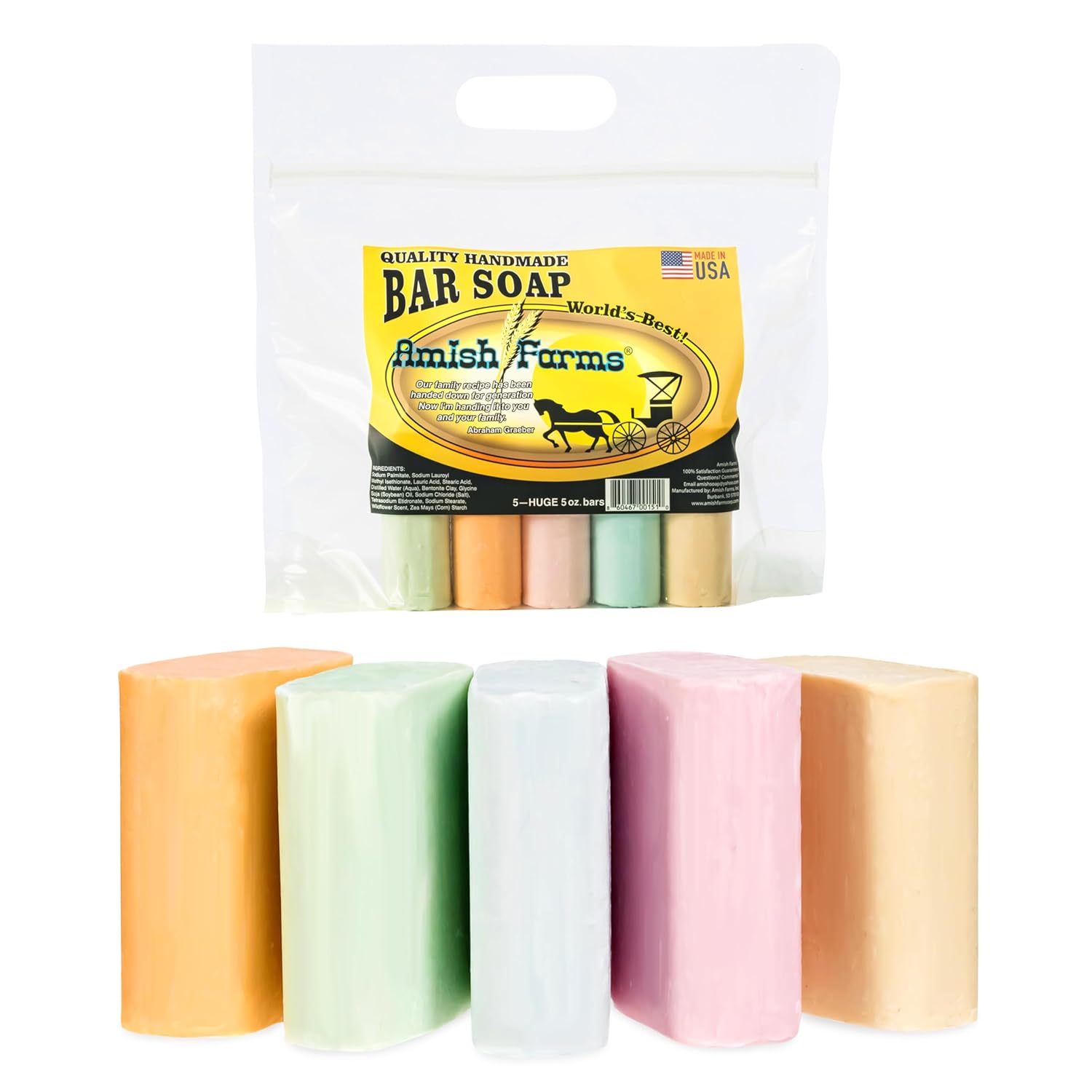 Amish Farms Soap Bar with All Natural Bentonite Clay | Made in USA, Vegan Moisturizing for Sensitive Skin | Women & Mens Face & Body Bath Soap for Shower | Clean Scent | 5 Ounce Each (5 Bars)