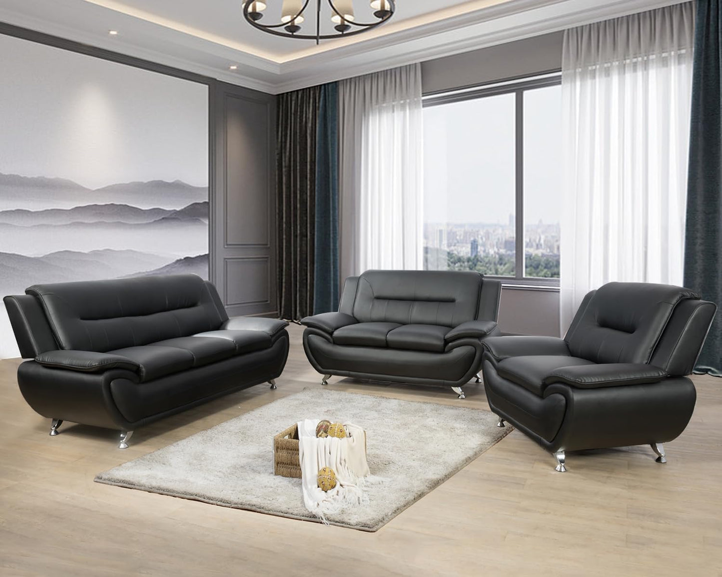 3 Piece Living Room Furniture Set, Leather Sofa Set for Living Room, Modern Couch Set with 3-Seater Sofa, Loveseat and Armchair (Black 2)
