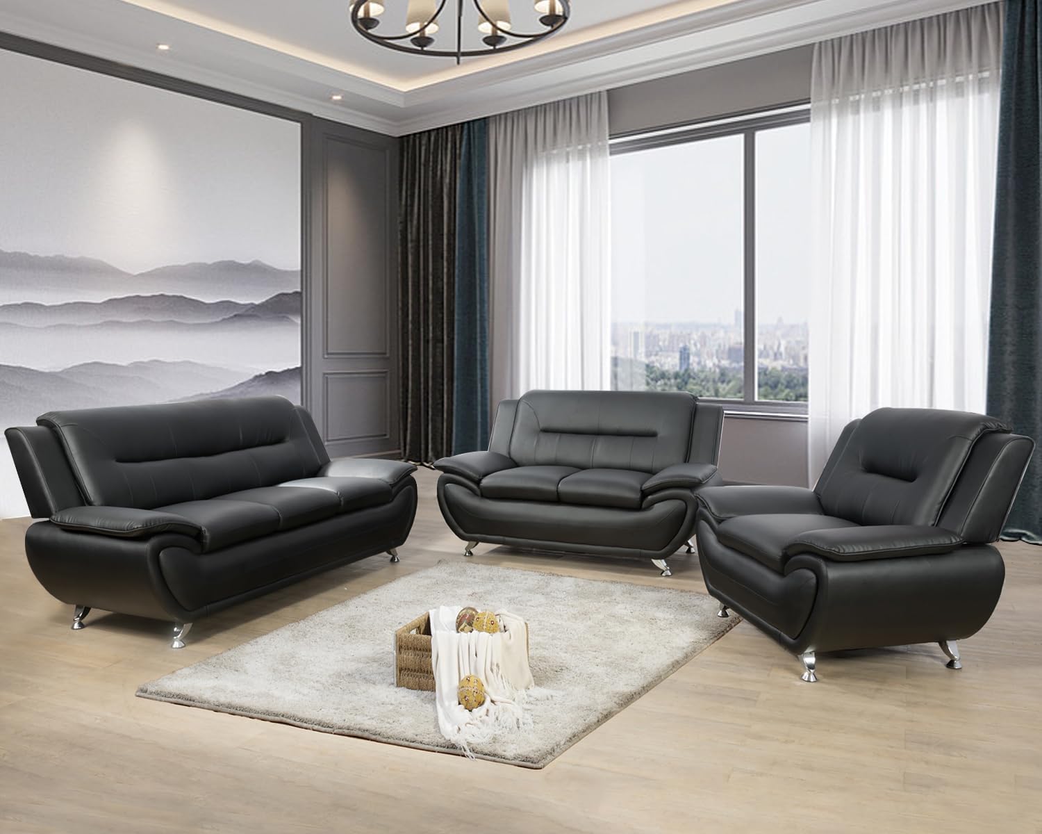 3 Piece Living Room Furniture Set, Leather Sofa Set for Living Room, Modern Couch Set with 3-Seater Sofa, Loveseat and Armchair (Black 2)