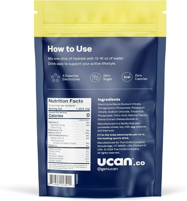 UCAN Hydrate Electrolyte Drink Mix (Pineapple, 12 Stickpacks) Sugar-Free, Keto-Friendly, Vegan, Non-GMO, Gluten-Free Electrolyte Powder with Potassium & Magnesium for Runners & Athletes