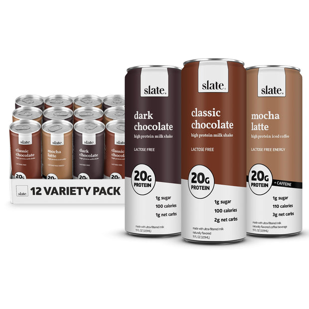 Slate Milk - High Protein Milk Shake - Core Variety Pack - Classic Chocolate, Dark Chocolate, French Vanilla - Lactose Free, 20g Protein, 1g Sugar, 100 Calories, 1-2g Net Carbs - 11 fl oz, 12 Cans