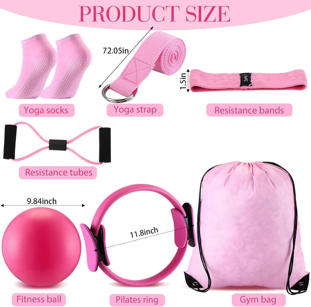 Poen Home Pilates Kit for Women Pilates Equipment Ring and Ball Set with Stretching Strap 8 Resistance Bands Non Slip Socks Gym Back Bags Exercise Equipment for Workout