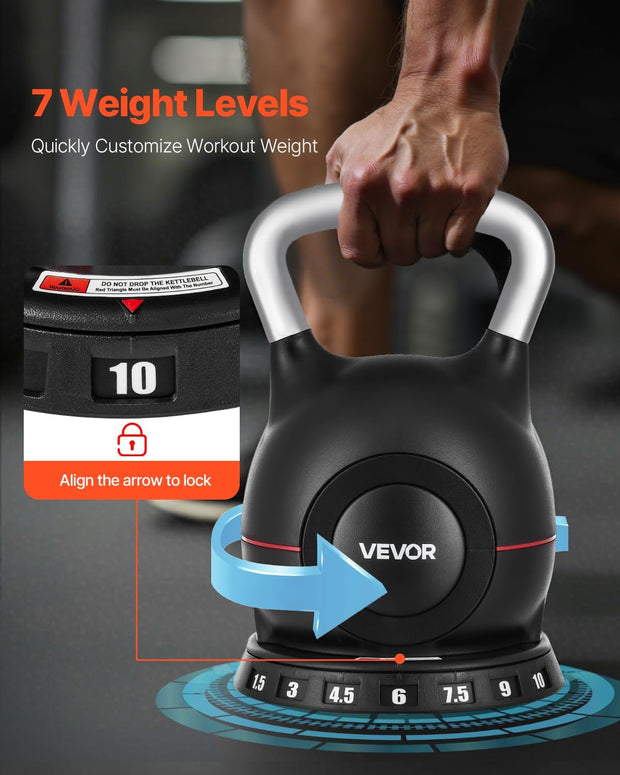 VEVOR Kettlebell, Adjustable Kettlebell with 7 Weight Levels, Die-Cast Aluminum and ABS Material, for Grip Strength Training, Full-body Workout & Cross-Training