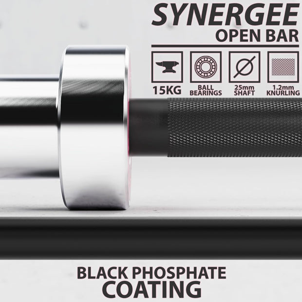 Synergee Open 15kg and 20kg Black Phosphate and Chrome Olympic Barbell. Rated 1000lbs for Weightlifting and Powerlifting.