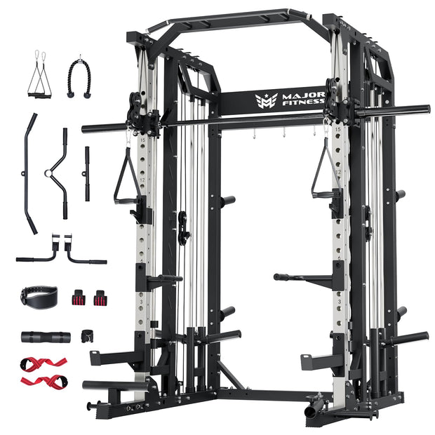Major Fitness Drone2 Smith△ Machine – All-in-One Home Gym Squat Rack with Weight Bar, Dual LAT Pull-Down Systems & Cable Crossover Machine for Full-Body Workouts