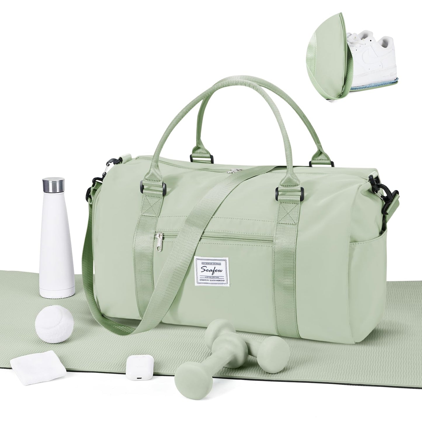 Gym Bags for Women Men with Shoes Compartment,Sports Duffle Bags Personal item travel Duffel Tote Bag Small Carry on Weekender Overnight Bag Workout Dance Bags Hospital Holdalls Grey Green