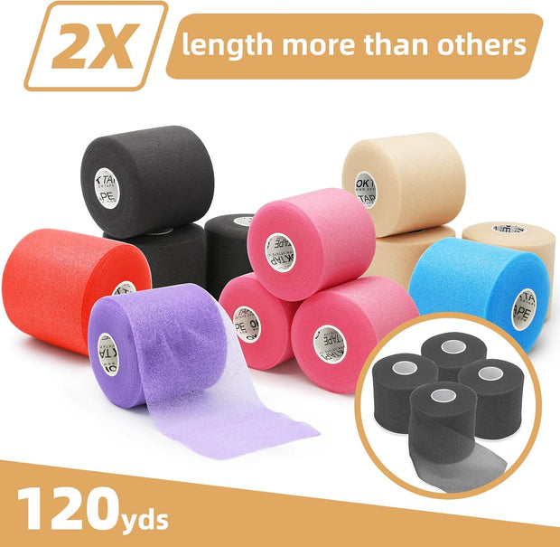 OK TAPE Pre Wrap Tape (4-Rolls) - Athletic Foam Underwrap for Sports, Protect for Ankles Wrists Hands and Knees, 2.75 Inches x 30 Yards - Black/Pink/Beige/White