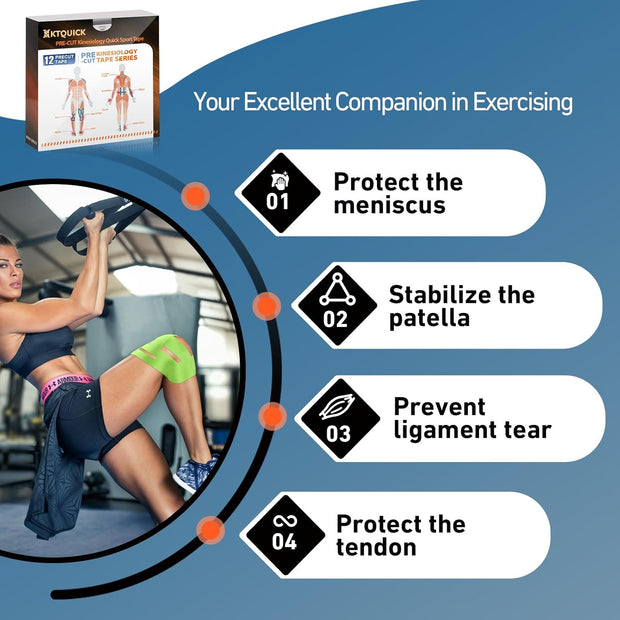 PreCut Kinesiology Tape for Knees, 12PCS Upgraded Waterproof KTQUICK Knee Tape for Knee Pain Relief Pre Cut, Original Cotton Athletic Knee Tape, Waterproof&Hypoallergenic Latex-Free for Sports (Black)