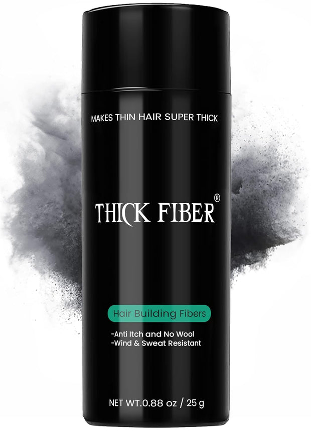 THICK FIBER Hair Fibers for Thinning Hair & Bald spots (BLACK) - 25g Bottle - Conceals Hair Loss in Seconds - Hair Powder for Women & Men