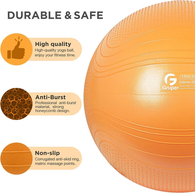 Yoga Ball, 18-30 Inch Extra Thick Exercise Ball for Workout Fitness Balance, Anti Burst Chair for Home and Office Desk, Includes Hand Pump & Workout Guide Access