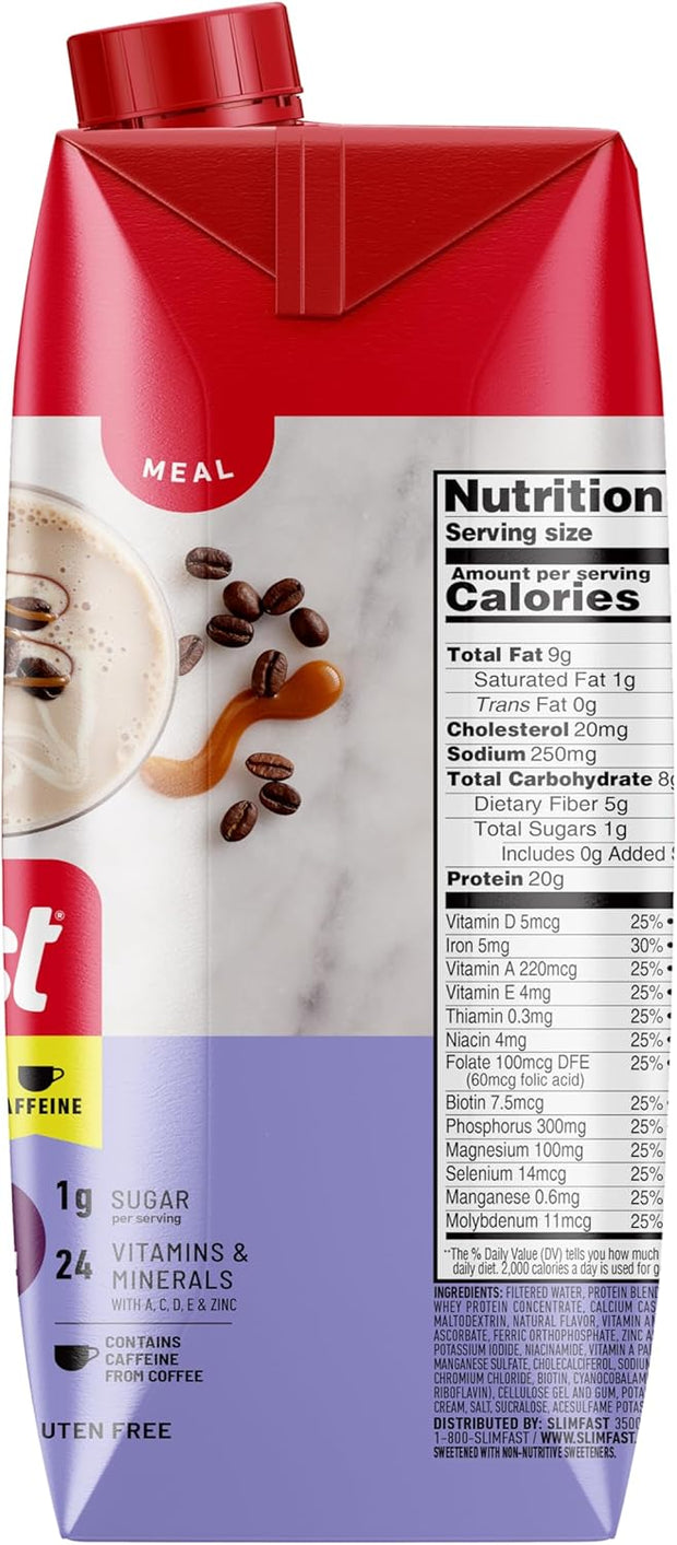 SlimFast Protein Shake with Caffeine, Caramel Macchiato- 20g Protein, Meal Replacement Shakes, High Protein with Low Carb and Low Sugar, 24 Vitamins and Minerals, 12 Count (Pack of 1)