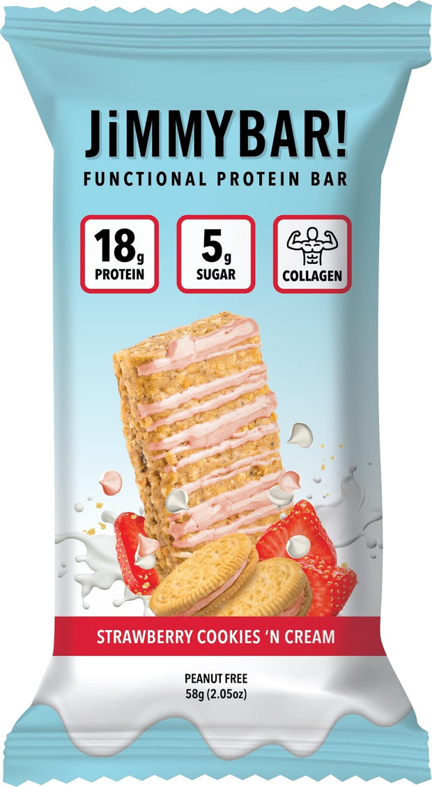 JiMMYBAR! - Sea Salt Caramel Cookies N' Cream - 19g High Protein Bars - 7g Sugar - 12 Count - 58g Health Bars - Natural Peanut Butter Core - Caffeinated Protein Bar For Energy- Hand Drizzled Chocolate
