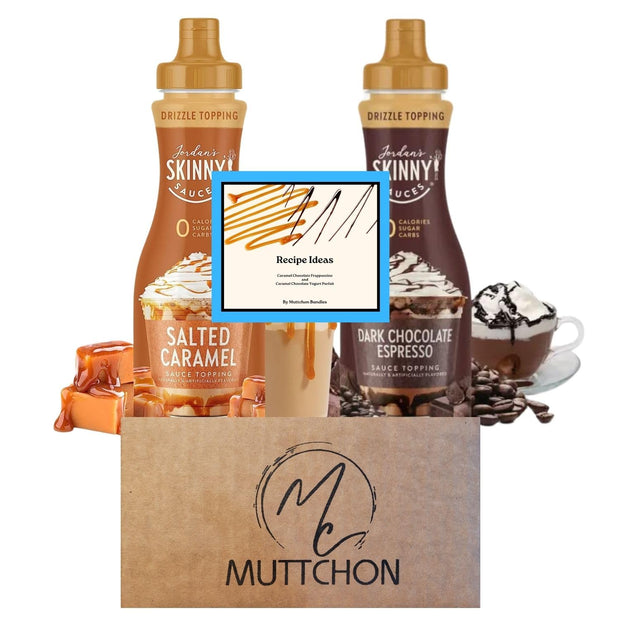 MUTTCHON Caramel and Chocolate Low Calorie Sauce Bundle With (1) Jordans Skinny Sugar Free Salted Caramel Sauce, (1) Dark Chocolate Espresso (Gluten-Free, Keto-Friendly), and a recipe Ideas card