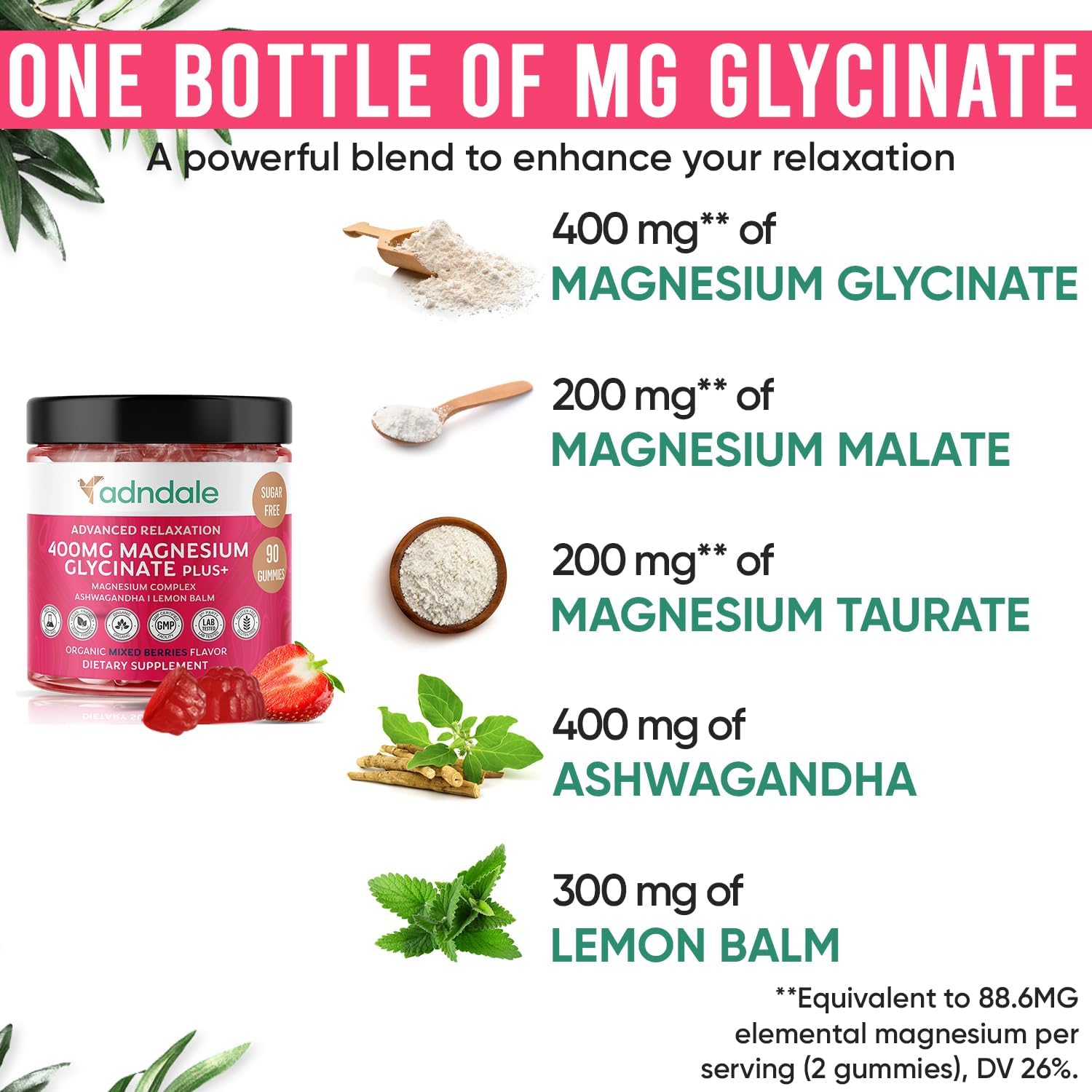 Adndale 90 CT Magnesium Glycinate Gummies 400 mg/Serv with Ashwagandha, Magnesium Malate & Taurate, Sugar Free Chews for Adults & Kids Relaxation, Stress Relief, Night Rest, Muscle & Cardio Support