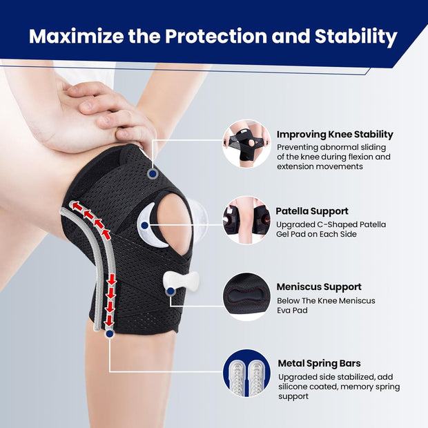 Knee Brace for Meniscus Tear, Knee Pain, Adjustable Breathable Knee Support with Side Stabilizers for Knee Pain Arthritis Recovery Joint Support, Women and Men