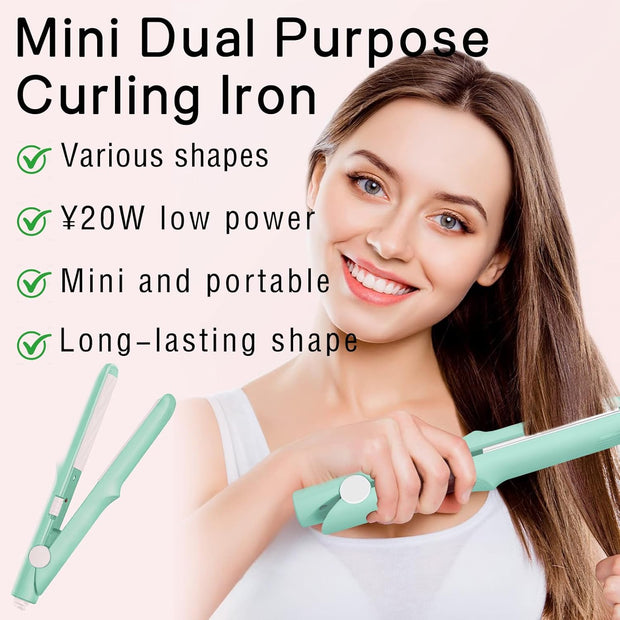 Mini Dual Purpose Curling Iron, 2 in 1 Mini Curling Wand & Flat Iron Hair Straightener, Portable Travel Curling Wand, Small Curling Iron for Women Short Hair, Hair Straightener (Green)