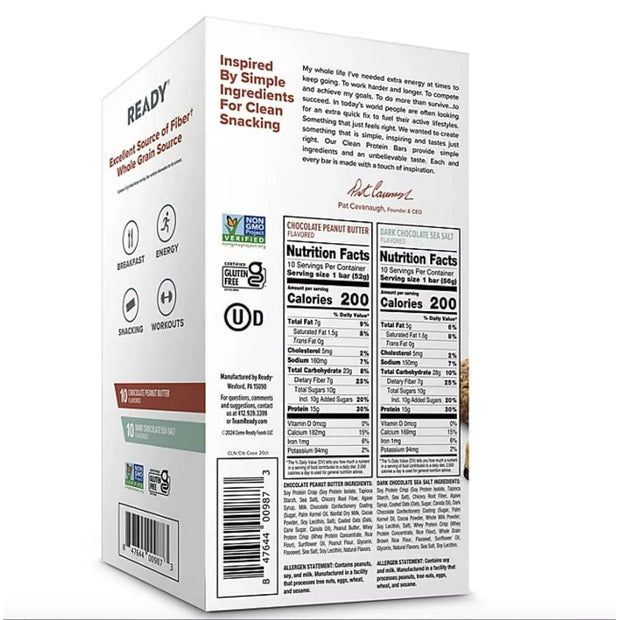 Ready Clean Protein Bars, Assorted Chocolate Peanut Butter and Dark Chocolate Sea Salt, 20 Count, 15g Protein